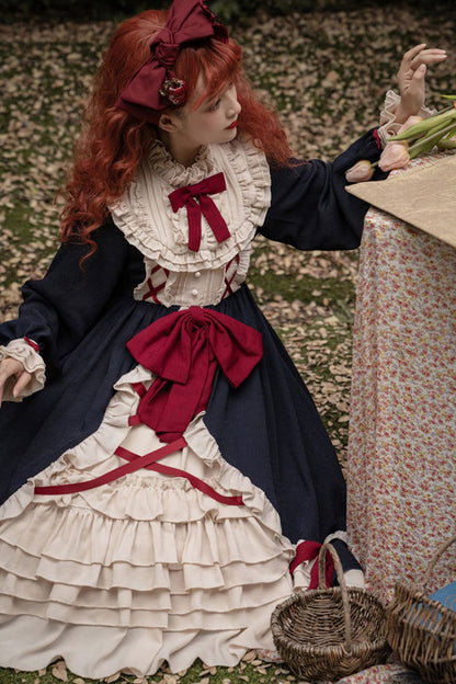 Blue Round Collar Bowknot Long Sleeves Multi-Layer Ruffled Sweet Lolita OP Dress (Plus Size Version)