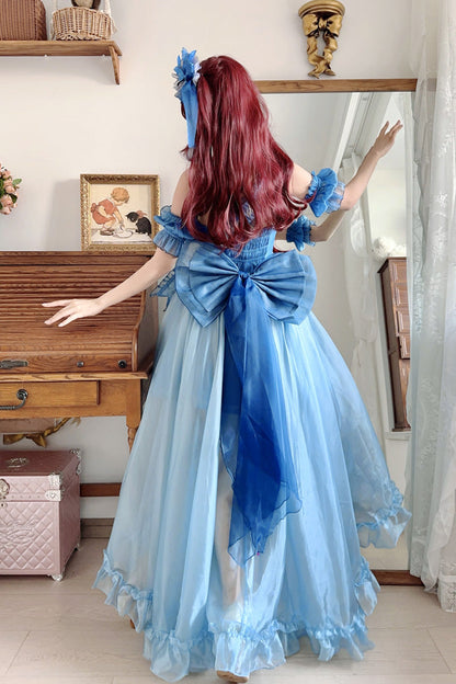 Blue [Mermaid Princess] Ruffle Hanayome Bowknot Sweet Elegant Lolita Jsk Dress Set