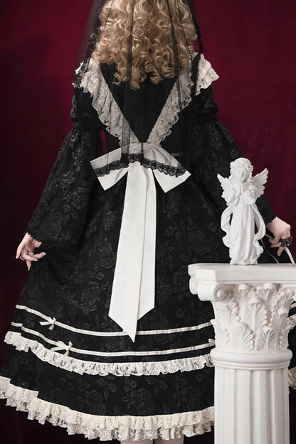 Black [Rose Choir] Double-Layered Ruffle Embroidery Bowknot Lace Gothic Elegant Nun Lolita Dress
