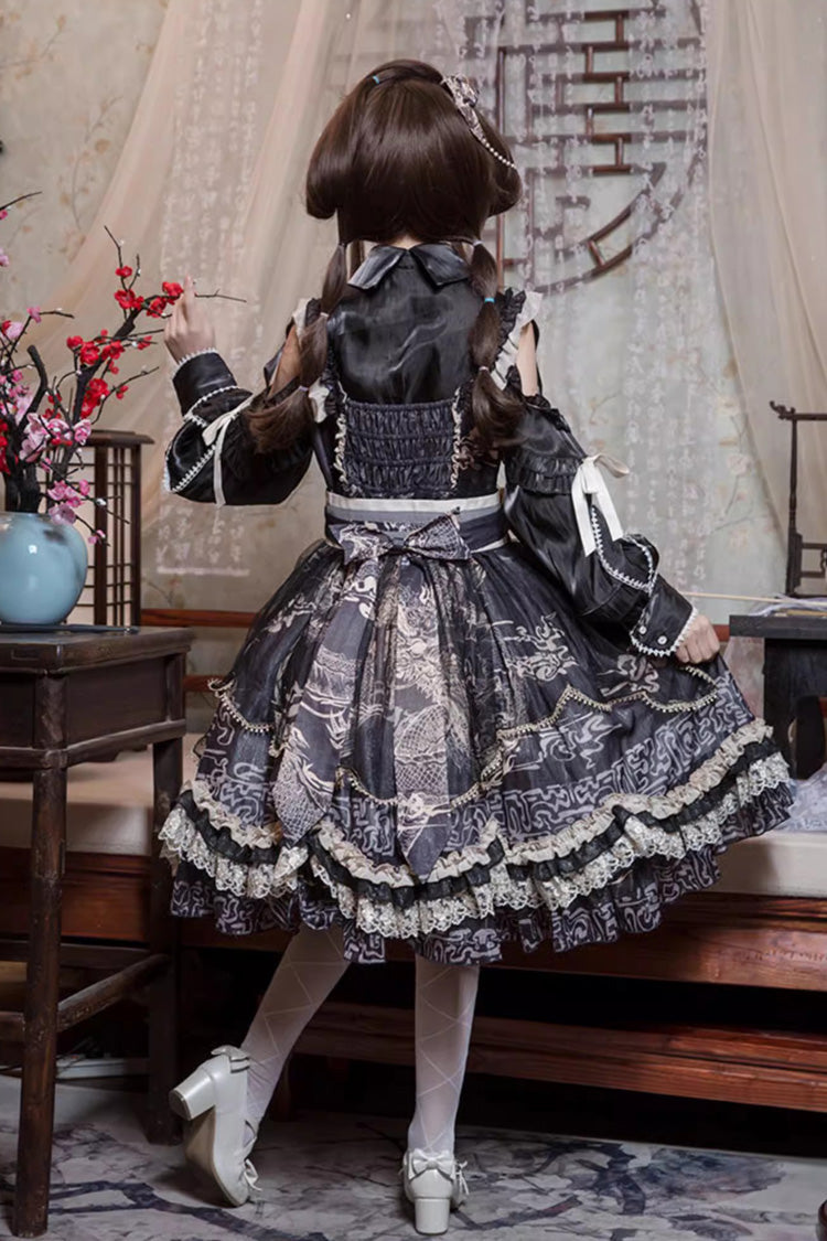 Black [Yuelong Poetry] Print Ruffle Lace Sweet Chinese Style Lolita Jsk Dress