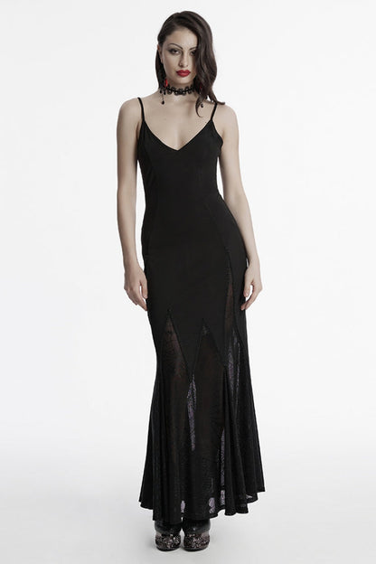 Black Sleeveless Plunging Sipder Stitching Mesh Women's Gothic Party Dress