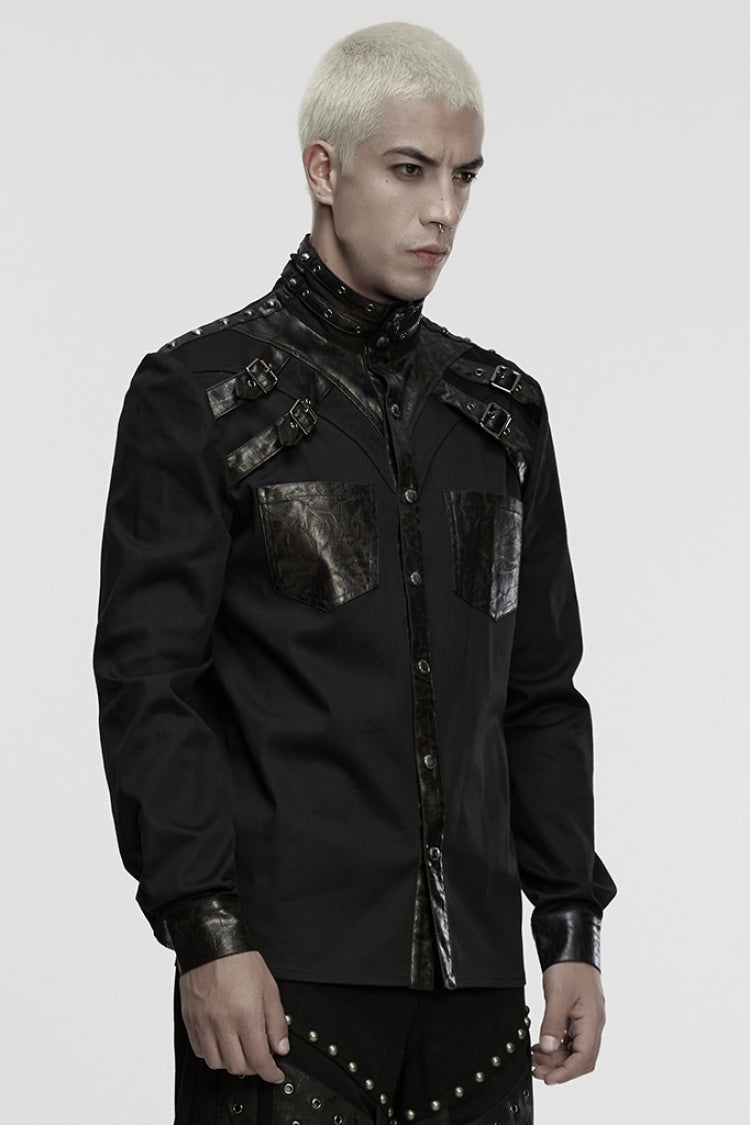 Black Stand Collar Long Sleeves Rivet Buckle Straps Eyelet Men's Punk Blouse
