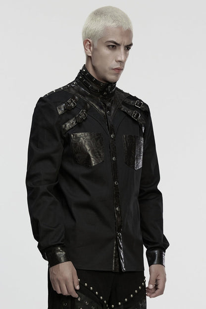 Black Stand Collar Long Sleeves Rivet Buckle Straps Eyelet Men's Punk Blouse