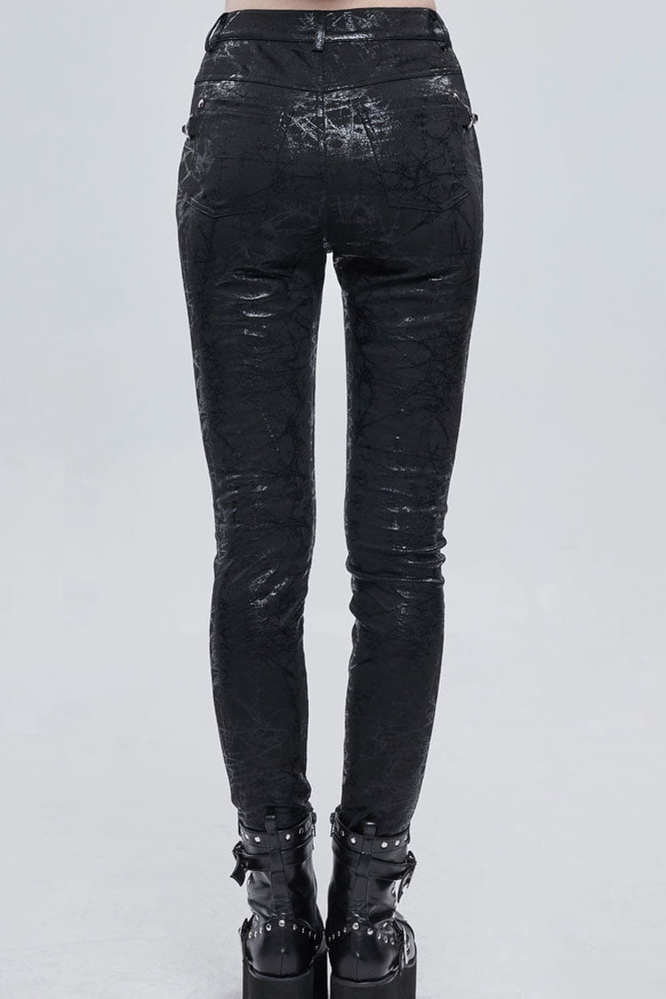 Black Punk Knitted Over Glue Metal Buckle Decoration Elasticity Leather Women's Leggings