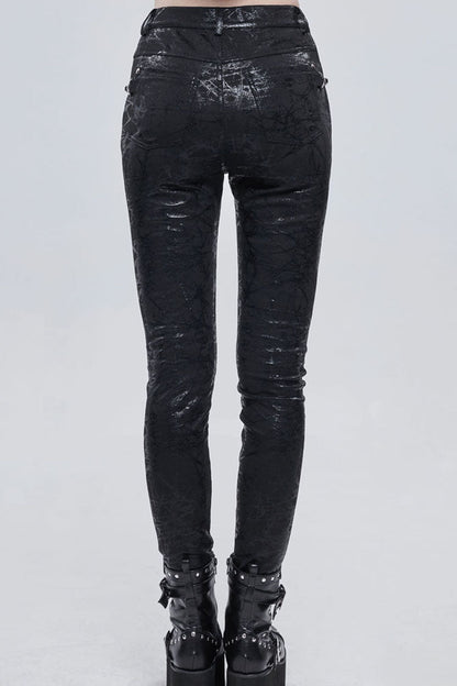 Black Punk Knitted Over Glue Metal Buckle Decoration Elasticity Leather Women's Leggings