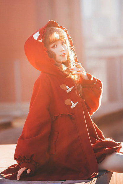 Red Cat Tail Long Sleeves Ruffle Bowknot Hooded Sweet Lolita Coat
