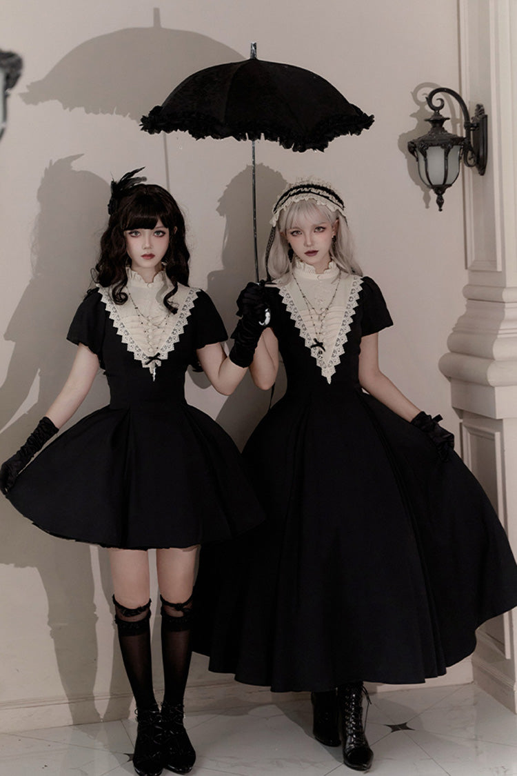 Black [Letters and Poems·Nocturne] Nun Long Sleeves Ruffle Gothic Lolita Short Dress