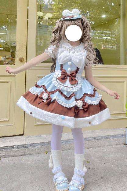 Blue/Brown [Cream Snow Cat] Winter Ruffle Bowknot Sweet Lolita Jsk Dress