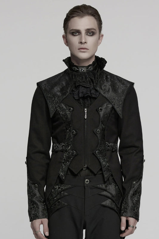 Black Stand Collar Long Sleeves Jacquard Stitching Swallow-tailed Men's Gothic Coat