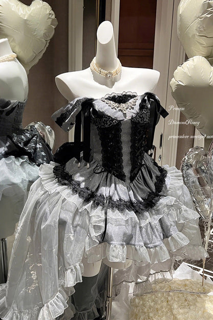 Black/Grey [Love Poem] Boat Neck Sleeveless Multi-Layered Ruffle Bowknot Princess Classic Lolita Top  Skirt-Pants Set
