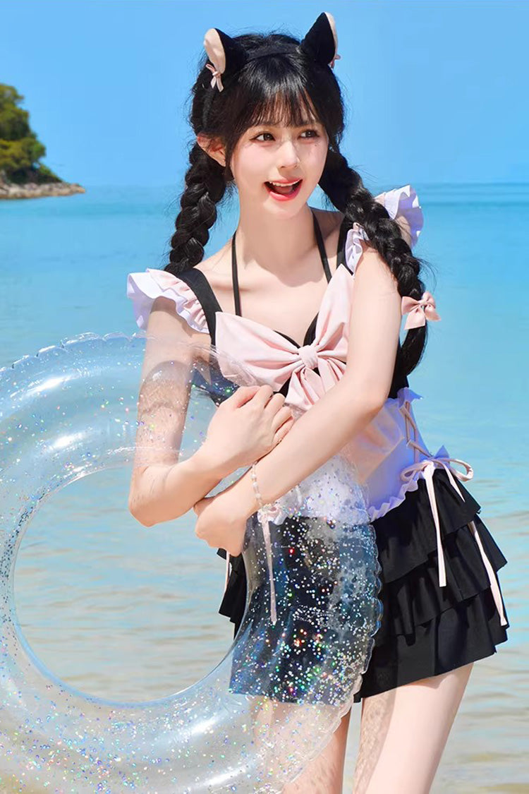 Black/Pink Summer Sweetheart Triple-Layered Ruffled Bow Sweet Lolita Bubble Swimsuit