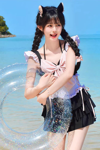 Black/Pink Summer Sweetheart Triple-Layered Ruffled Bow Sweet Lolita Bubble Swimsuit