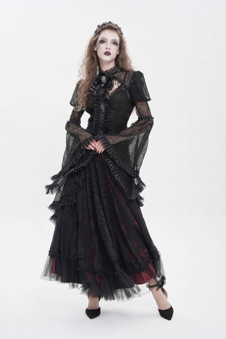 Black Stand Collar Long Trumpet Beaded Sleeves Cut-Out Bow Lace Women's Gothic Blouse