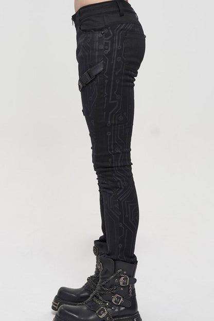 Black Punk Casual Circuit Diagram Print Asymmetric Decoration Men's Long Pants