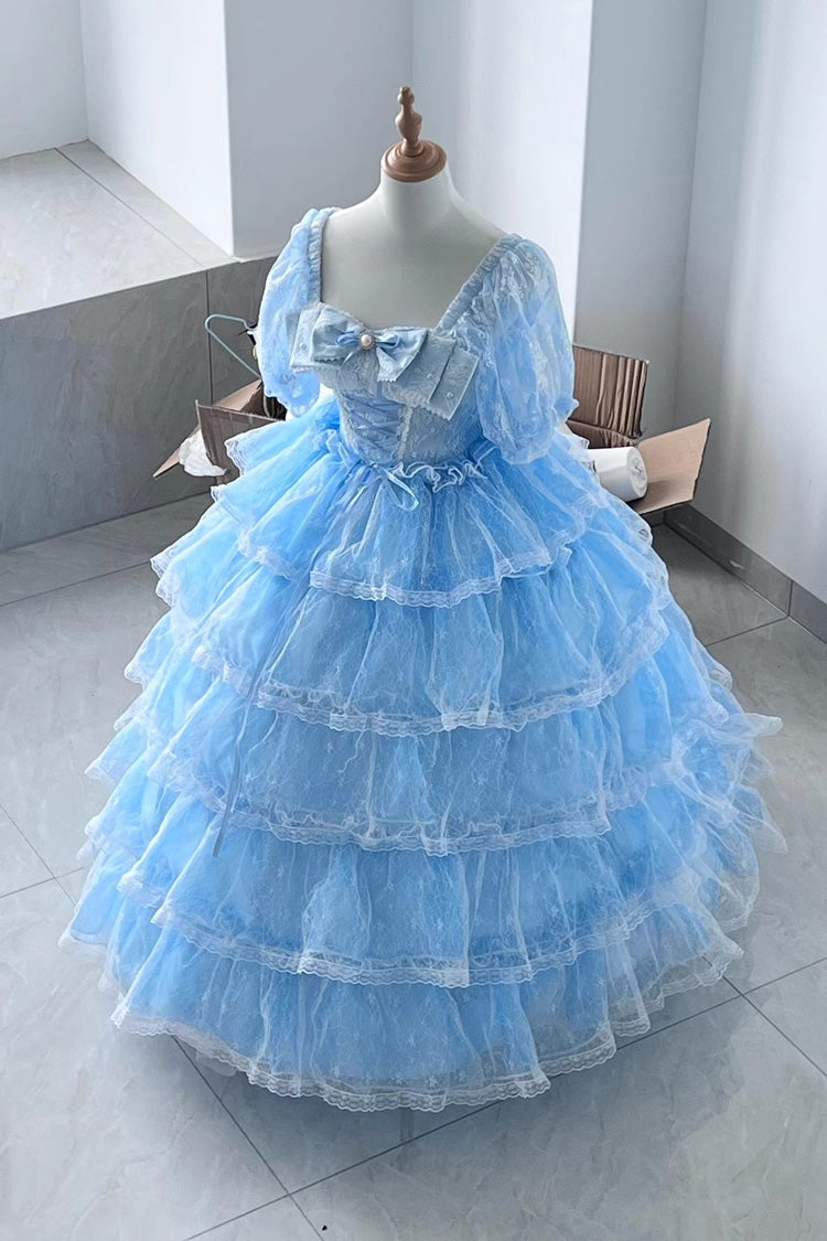 Blue Short Sleeves Multi-Layered Ruffle Hanayome Bowknot Lace Plus Size Sweet Lolita Dress