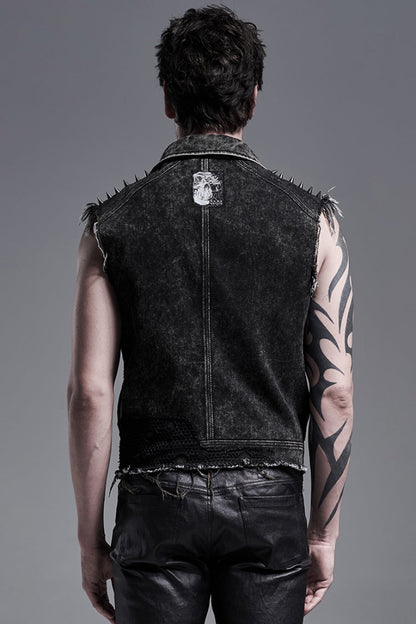 Black Rivets Lapel Collar Sleeveless Mens Steampunk Vintage Denim Vest