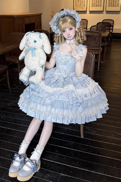 Blue [Super Cute Belia] Sleeveless Triple-Layered Ruffle Bowknot Lace Sweet Elegant Lolita Jsk Dress