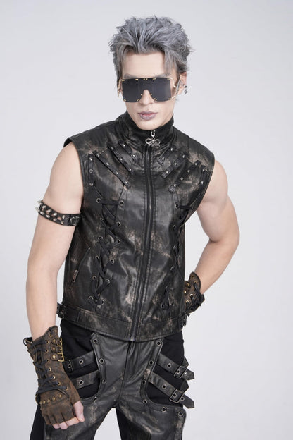 Black Stand Collar Sleeveless Strappy Stitching Zipper Men's Gothic Vest