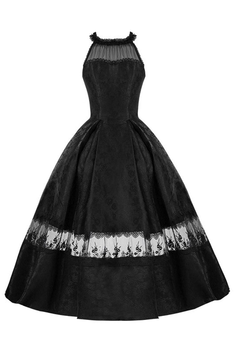 Black [Flowers in the Mist] Off Shoulder Halterneck Print Ruffle Gothic Elegant Lolita Dress