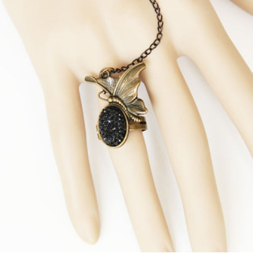 Black Retro Fashion Silk Cloth Gemstone Butterfly Design Female Gothic Lolita Ring Bracelet