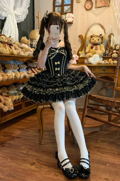 Black Sleeveless Multi-Layered Polka Dots Printed Ruffled Bow Sweet Princess Lolita Jsk Dress