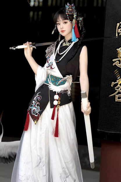 Black/White Stand Collar Single Long Sleeve Printed Embroidered Asymmetric Chinese Style Ouji Set