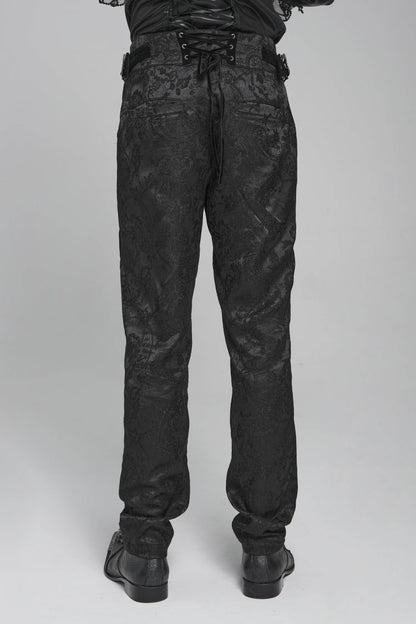 Black Printed Lace-Up Buckled Zippered Men's Gothic Pants