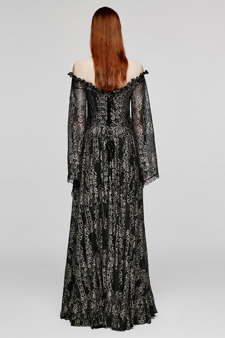 Black/Gold Boat Neck Off Shoulder Print Hollow Stitching Mesh Women's Gothic Dress