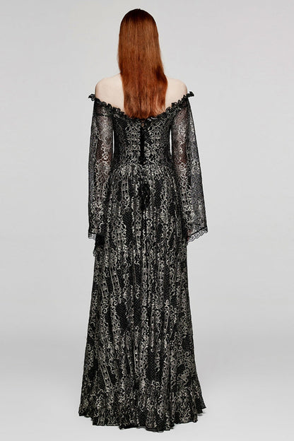 Black/Gold Boat Neck Off Shoulder Print Hollow Stitching Mesh Women's Gothic Dress