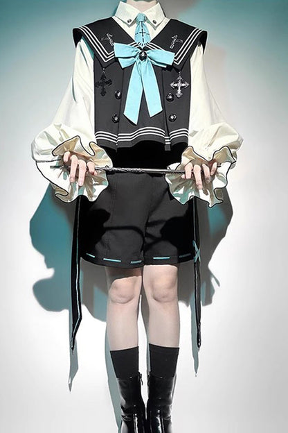Dark Blue [Magician] Long Sleeves Ouji Prince Mechanical Style Lolita Shorts Vest Set