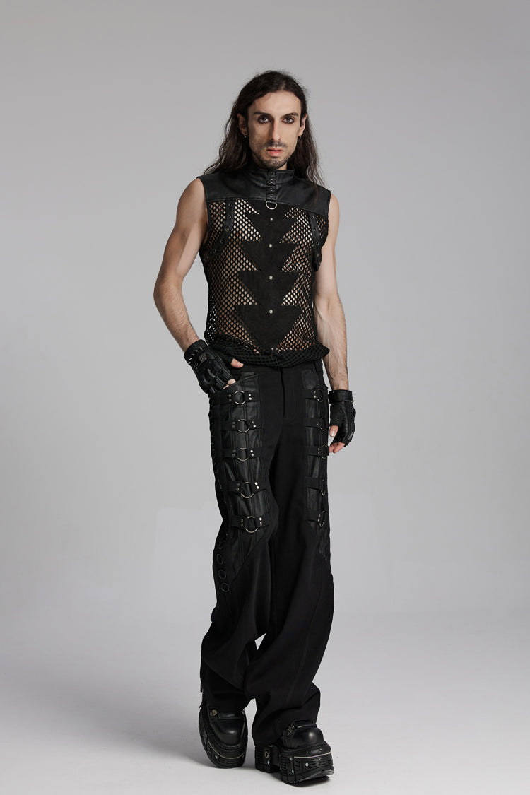 Black Stand Collar Sleeveless Mesh Triangle Eyelets Men's Punk Vest