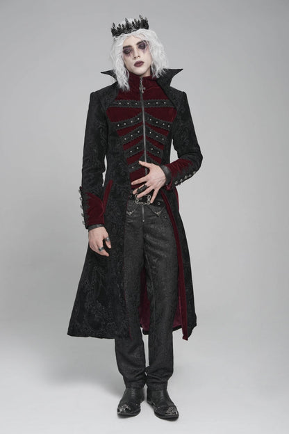 Black/Red Diamante Stand Collar Long Sleeves Printed Zippered Men's Gothic Long Coat