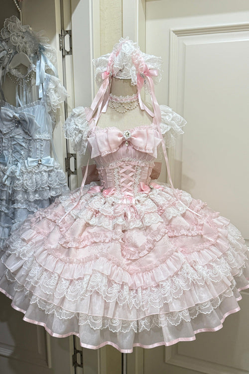 Pink [Eternal Vow] Sleeveless Multi-Layered Ruffle Hanayome Bowknot Lace Lace-Up Sweet Lolita Jsk Dress