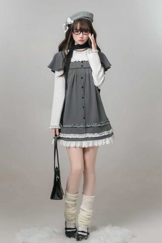 Grey Square Collar Long Sleeves Polka Dot Printed Ruffled Sweet Lolita Dress