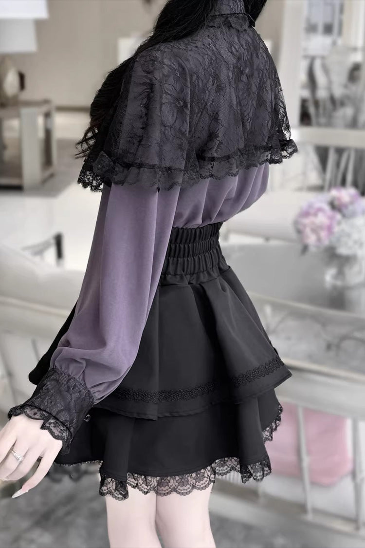 [Dark Moon Shadow] Long Sleeves Double-Layered Ruffled Embroidered Bow Lace-Up Gothic Jirai Kei Lolita Top + Skirt Set