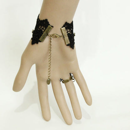 Black Retro Christmas Festive Lace Edge Pearl Wishing Female Gothic Lolita Ring Bracelet