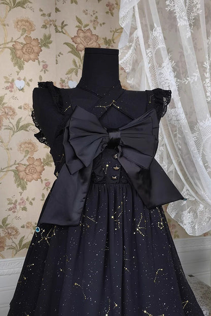 Black Triple-Layered Ruffle Hot Stamping Bowknot Classic Gothic Princess Lolita Jsk Dress