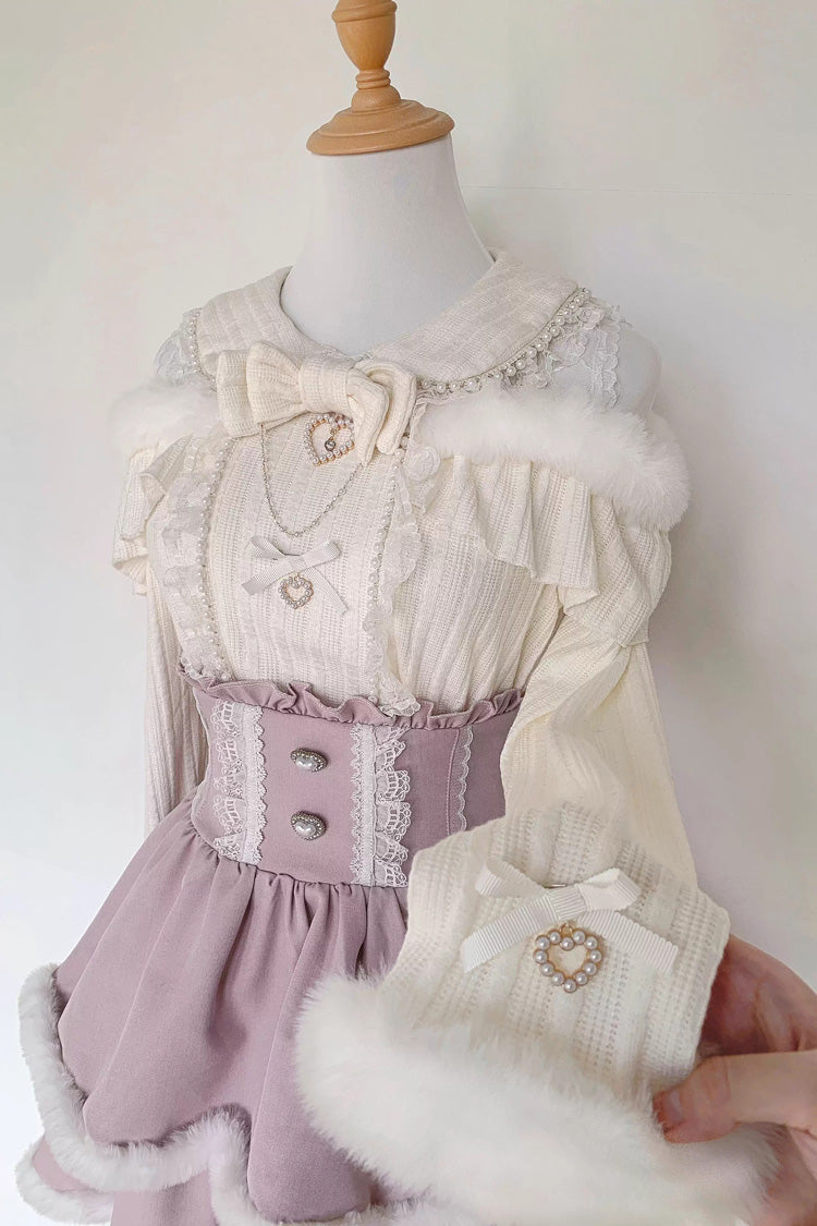 Jirai Kei Off Shoulder Long Sleeves Bow Lace Pearl-Decorated Sweet Knitwear 2 Colors