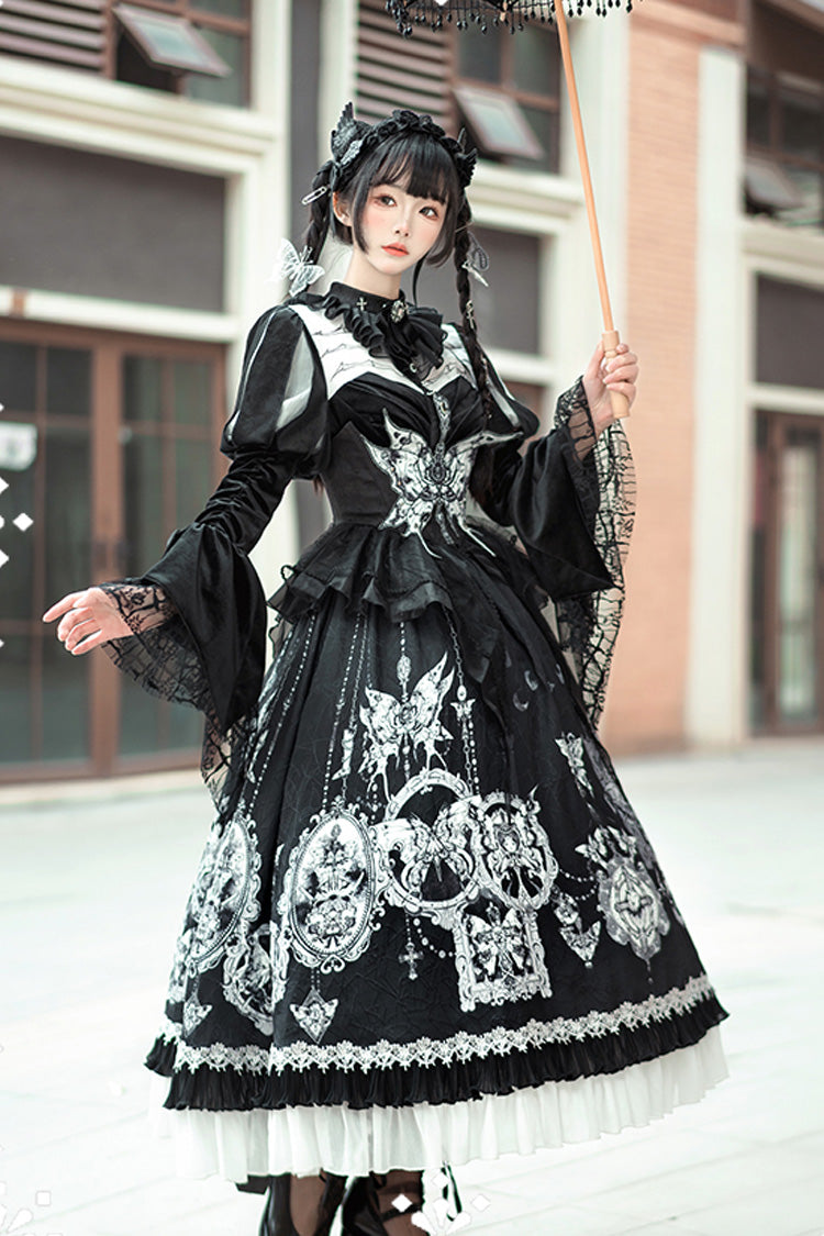 Black [Feast of Bones] Print Ruffle Bowknot Lace Gothic Elegant Lolita Long Dress