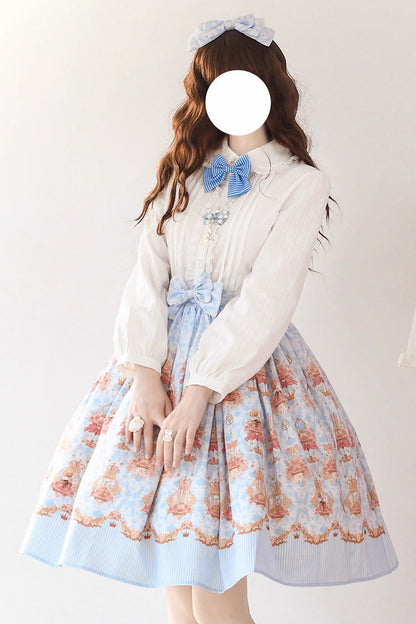 Blue [Rose Garden Rabbit] Print Ruffle Bowknot Sweet Lolita Dress