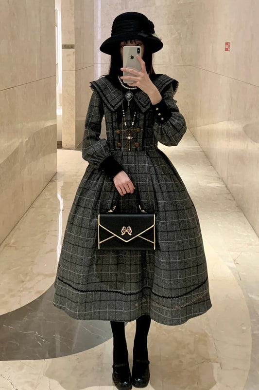Grey [Fontainebleau] Long Sleeves Plaid Print Bowknot Elegant Sweet Lolita Dress