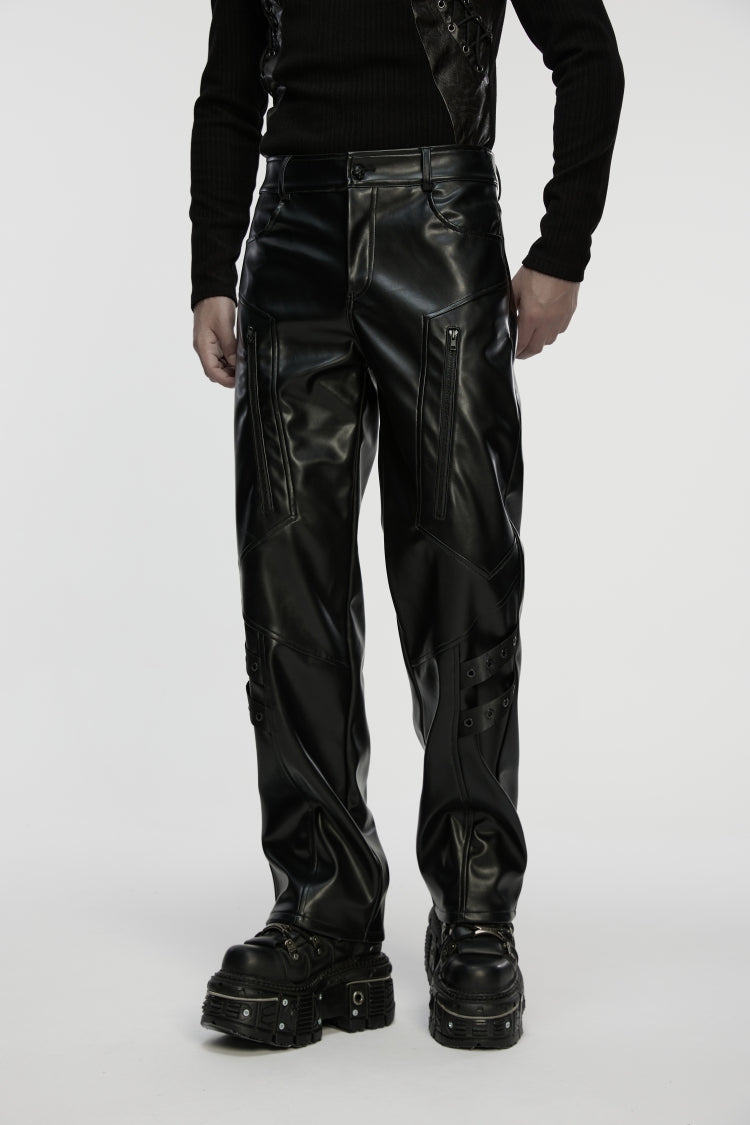 Black Zippered Eyelet Men's Punk Faux Leather Pants
