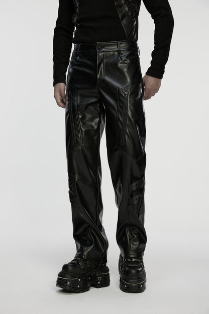 Black Zippered Eyelet Men's Punk Faux Leather Pants