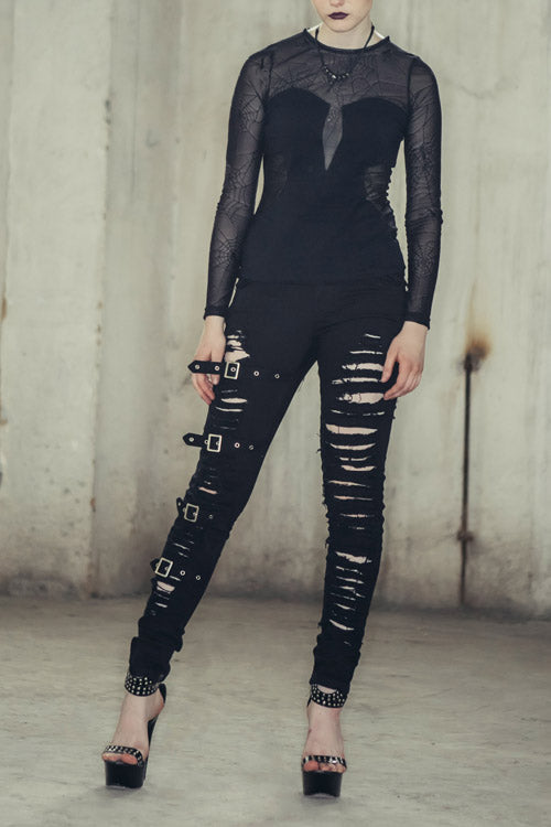 Black Punk Loops Broken Holes Womens Pants