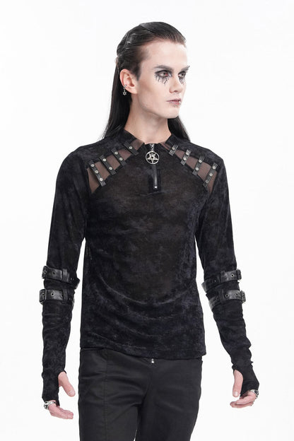 Black Round Collar Long Sleeves Buckle Star Studs Men's Gothic T-Shirt