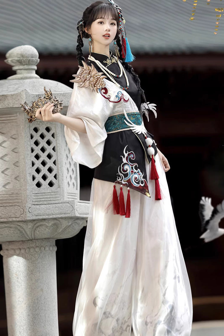 Black/White Stand Collar Single Long Sleeve Printed Embroidered Asymmetric Chinese Style Ouji Set
