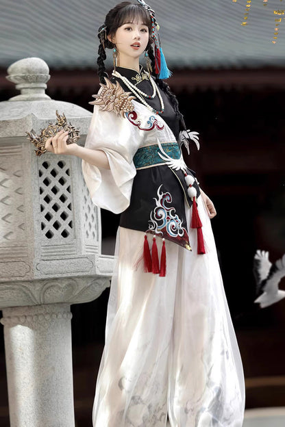 Black/White Stand Collar Single Long Sleeve Printed Embroidered Asymmetric Chinese Style Ouji Set