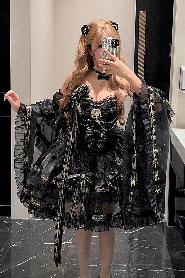 Black [Golden Obsidian Night] Sleeveless Double-Layered Ruffle Bowknot Pearl Gothic Princess Lolita Dress