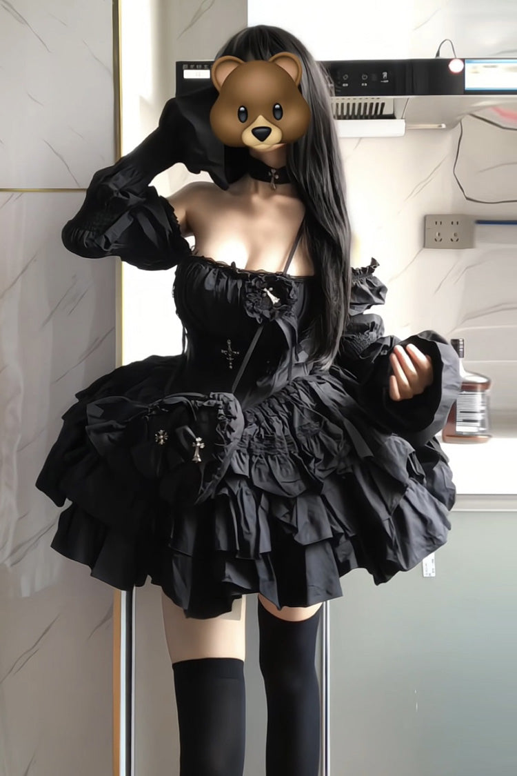 Black Sleeveless Triple-Layered Ruffle Bowknot Lace Gothic Princess Lolita Dress