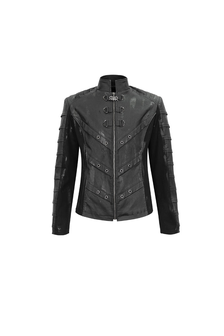 Black Stand Collar Stretch Faux Leather Twill Woven Men's Punk Jacket
